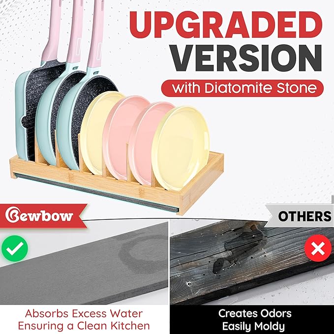 [Upgraded] Bamboo Pots and Pans Organizer under Cabinet, Bakeware and Cutting Board Organizers with Diatomaceous Earth Base & 7 PCS Adjustable Dividers, Tray Organizer for Kitchen Storage