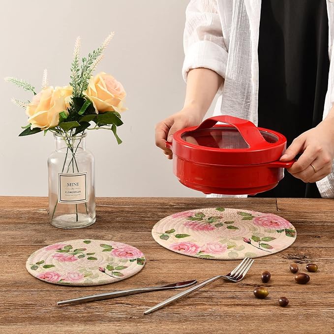 Kitchen Trivets Pot Holders Set of 2, Vintage Pink Roses Trivets for Hot Pots Dishes Woven Trivet Coaster Pad Mat for Counter