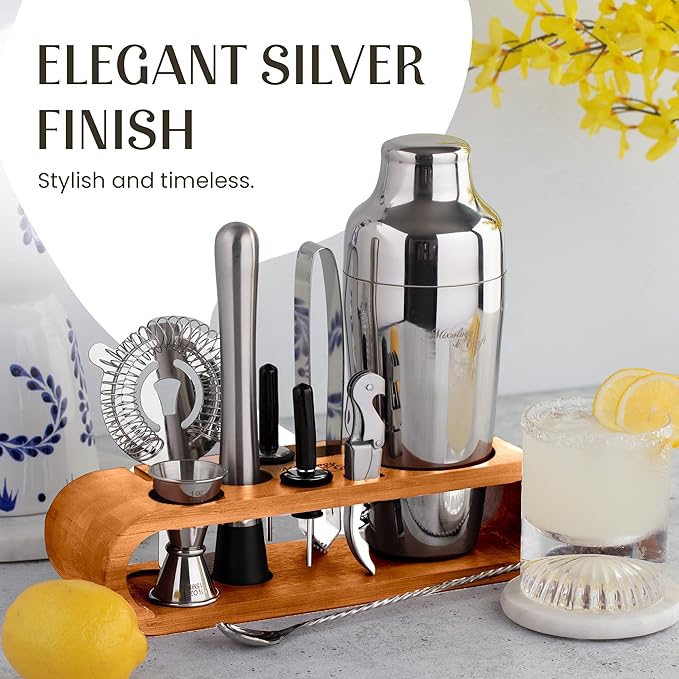 Mixology Bartender Kit: 10-Piece Bar Tool Set with Bamboo Stand | Perfect Home Bartending Kit and Martini Cocktail Shaker Set for a Perfect Drink Mixing Experience | Fun Housewarming Gift (Silver)