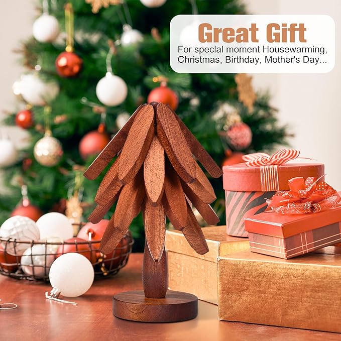 Wooden Trivets for Hot Dishes - Christmas Tree Coasters Set, Tree Shape Trivet With Stand, 4 Pieces + 1 Stand (Walnut Wood, 8.7)