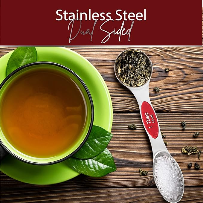 Magnetic Measuring Spoons Set of 9 Stainless Steel Dual-Sided Stackable Measuring Spoon Nesting Teaspoons Measuring Dry and Liquid Ingredients, Fits in Spice Jars Set of 9 (Red)