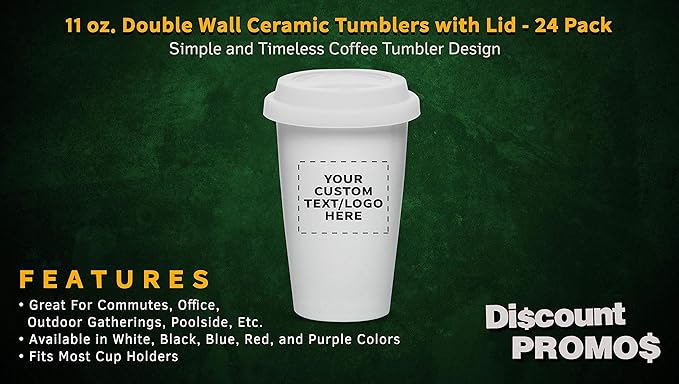 Personalized 11 oz. Double Wall Ceramic Tumblers with Lid - 24 Pack - Custom Text, Logo - White