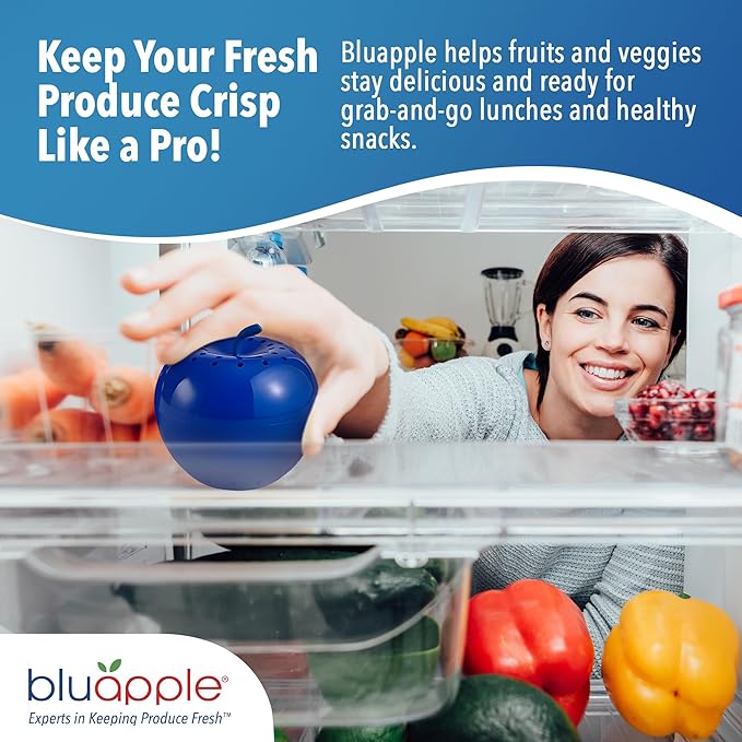 Bluapple Ethylene Gas Absorber Produce Saver Combo Pack - Keeps Fruits & Veggies Fresh in Refrigerator, Lasts up to 3 Months, 8 Packets and 2 Bluapples for 1 Year, Produce Storage, BPA Free, USA Made