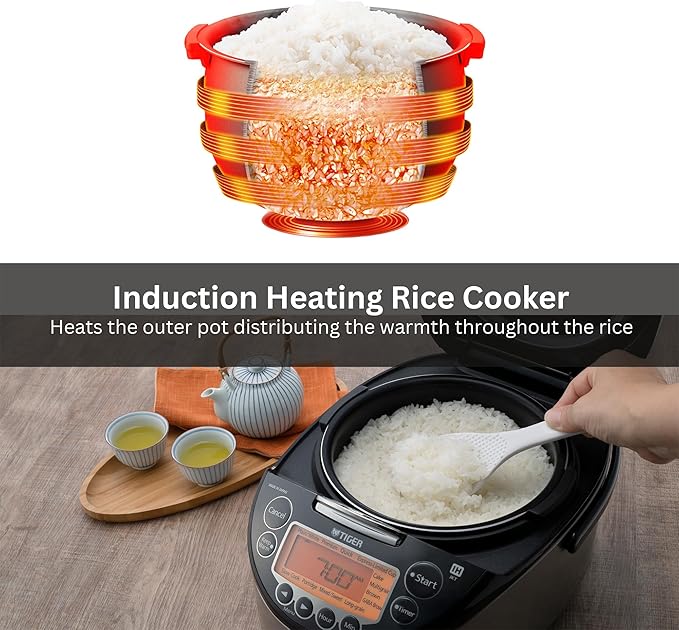 Tiger Corporation JKT-D18U 10-Cup Capacity Induction Heating Electric Rice Cooker with 12 Menu Setting, 24-Hour Keep Warm Setting, Spatula and Measuring Cup (Black and Stainless Steel)