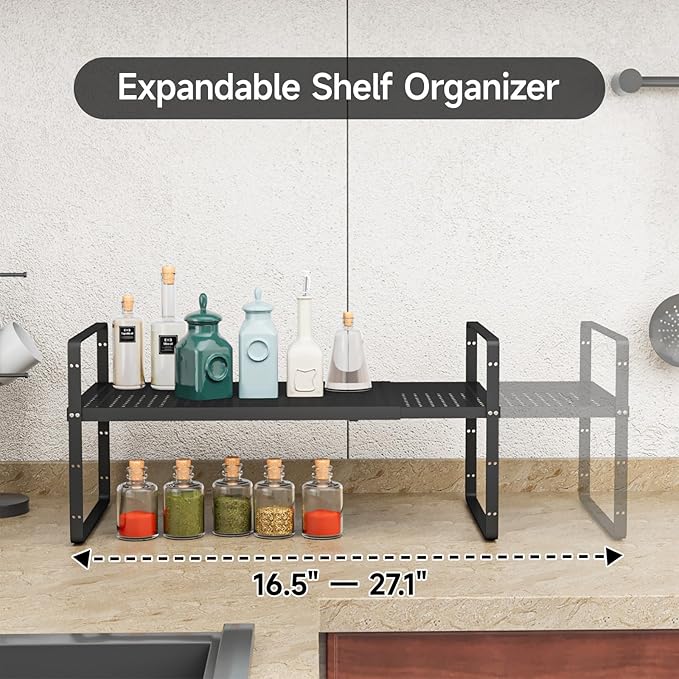 16.5-27’’L Expandable Stackable Cabinet Shelves, Adjustable Spice Rack Cabinet Shelf Organizer for Kitchen, Countertop, Pantry and Cupboard, Black