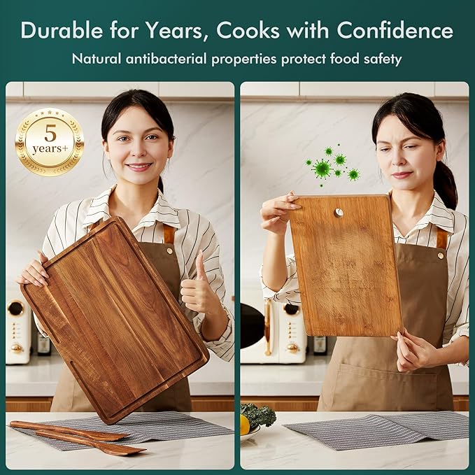 CHOSIN Wood Cutting Board, Acacia Chopping Board with Juice Groove - 16"x12" Cutting Board with Wooden Spatula Set for Kitchen and House Warming Gift
