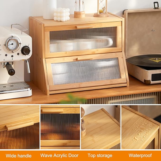 GHWIE Double Layer Bamboo Bread Box for Kitchen Counter,Large Capacity Bread Storage Bin,Bread Container with Acrylic Wavy Door Panel (Natural, Medium)
