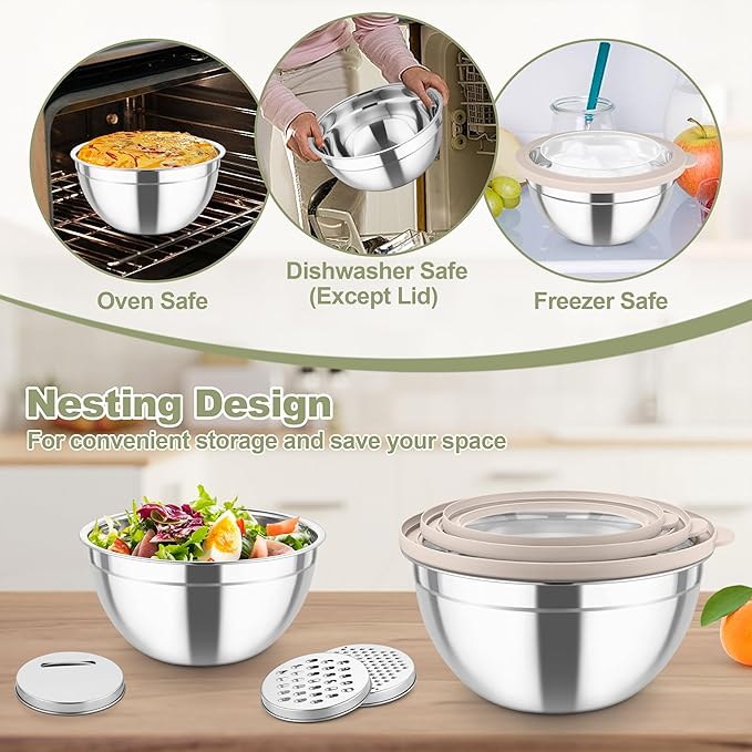 TeamFar Mixing Bowls, Stainless Steel Salad Serving Bowl with Clear Lids & 3 Graters, For Kitchen Cooking Prepping Storing, Size 4.6/2.6/1.5/1/0.7 QT, Nesting & Airtight, Set of 5 & Khaki