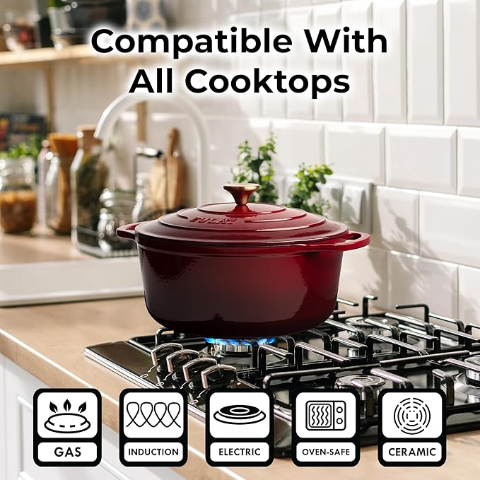 Zulay Kitchen 6 Quart Enameled Cast Iron Dutch Oven Pot with Lid – Premium Durability & Oven Safe up to 500°F – Heavy Duty Cookware Perfect for Bread Baking, Stews, Braising & Roasting – Garnet