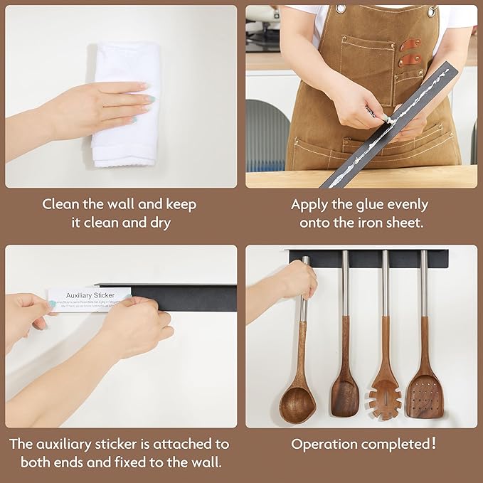 4 PCS Acacia Wood Cooking Utensils Set with Magnetic Hanging Handles Stainless Steel, Heat-Resistant Multi Function Cooking Tools