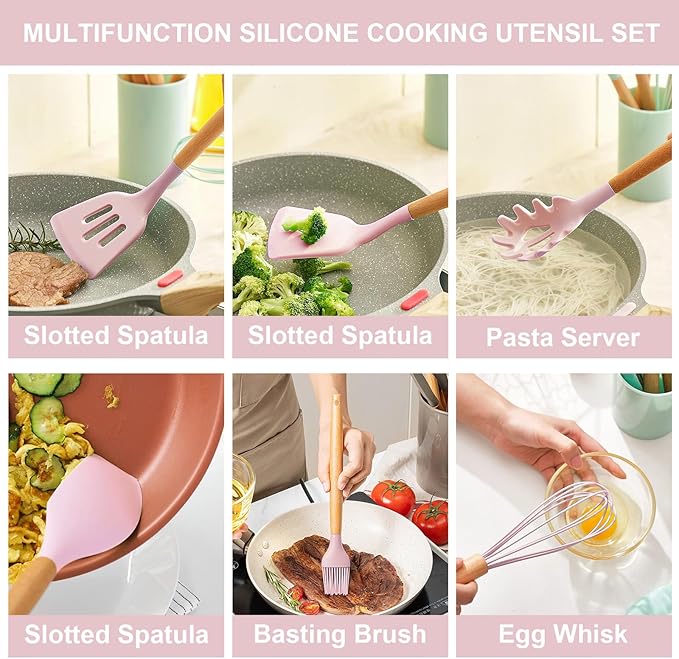 Silicone Cooking Utensils Kitchen Utensil Set - 446°F Heat Resistant Silicone Kitchen Utensils Set, Spatula,Turner Tongs, Spoon, Brush, Whisk,Kitchen Gadgets for Nonstick Cookware, BPA Free (Pink)