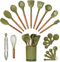 Silicone Kitchen Utensils Set & Holder: Cooking Utensils Set - Kitchen Essentials for New Home & 1st Apartment- Silicone Spatula Set, Cooking Spoons for Nonstick Cookware (Acacia Wood, Green)
