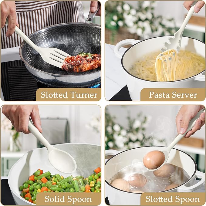 LIANYU 4Pcs Silicone Utensils, Kitchen Cooking Utensils Set, Kitchen Tools with Spoon, Turner, Pasta Server, Heat Resistant Cooking Gadgets for Non-stick Cookware, Dishwasher Safe, White