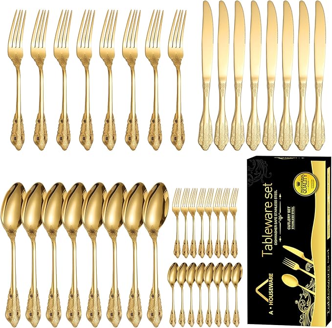 Royal Silverware Gold Retro Stainless Steel Flatware 40 Piece Forks Knives and Spoons Heavy Duty Kitchen Utensil Daily Use Festival Parties