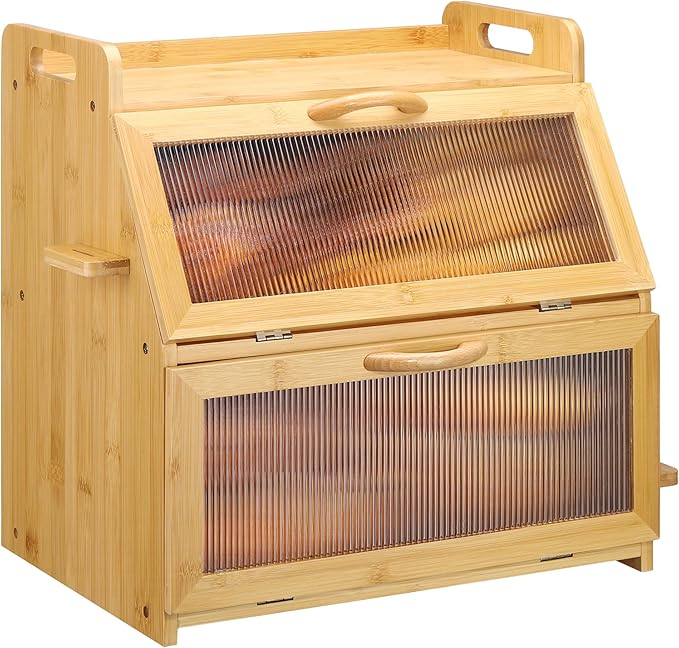 Bread Box for Kitchen Countertop, Large Bread Storage Container for Homemade Bread, Bamboo Farmhouse Organizers, Double Layer Bread Bin with Acrylic Window Holder,Natural