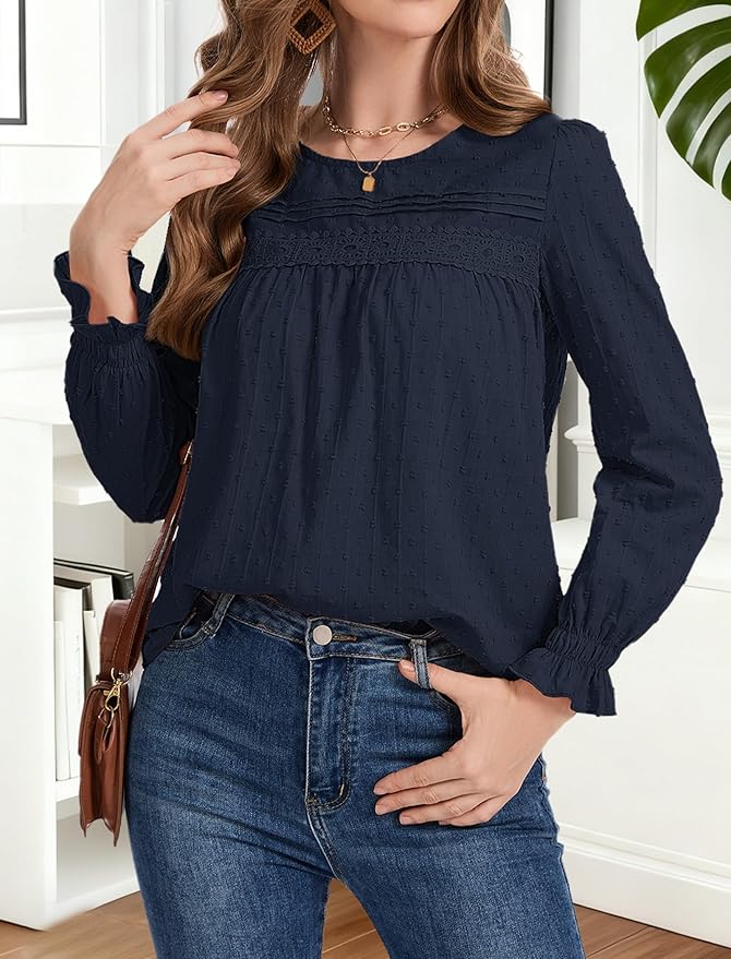 Long Sleeve Shirts Women Dressy Blouses for Women Cute Crew Neck Fall Tops Trendy Women's Clothing 2025 Fashion