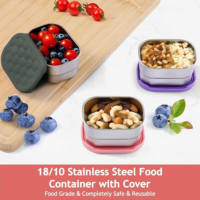 Homikit 3 Pack Snack Containers for Kids, 18/10 Stainless Steel Toddler Lunch Box with Silicone Lids, Reusable Bento Food Container Set for School Daycare, Nontoxic & Leak Proof, Pink/Purple/Gray