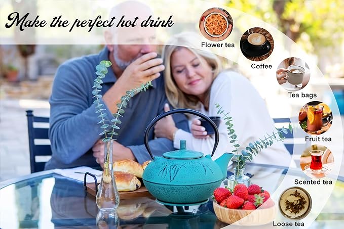 XXL Japanese Cast Iron Teapot with Infuser & Matching Trivet - Large 85 Oz/2500ml Tetsubin Loose Leaf Tea Pot with Enamel Interior - Handcrafted Big Cast Iron Tea Kettle Humidifier Set - Green