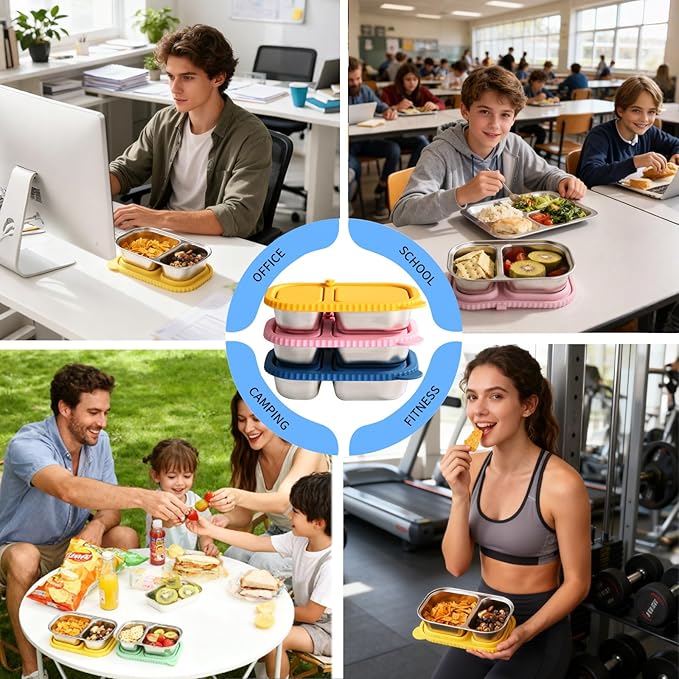 FAMOR 3 Pack Stainless Steel Snack Containers With Lid, 2 Compartment Snackle Box Container,Leak-Proof Reusable Food Storage Container,For Work,Travel, School, And The Gym