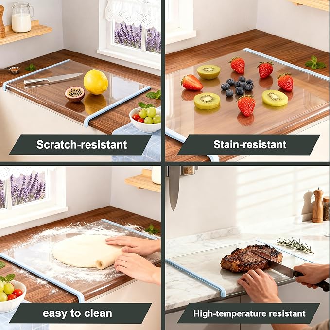 Clear Cutting Board for Countertop (17"x13.3"),Glass Cutting Board with Lip,Kitchen Countertop Protector, Non Slip,Gifts suitable for Christmas, Mother's Day and fatherly occasions (Blue)