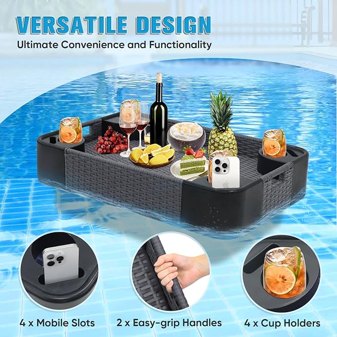 COOS BAY 35''x24'' Rectangular Floating Drink Holder for Pool and Hot Hub, Large Floating Serving Tray with Handles, Wicker Floating Pool Tray for Food and Drinks, Gray