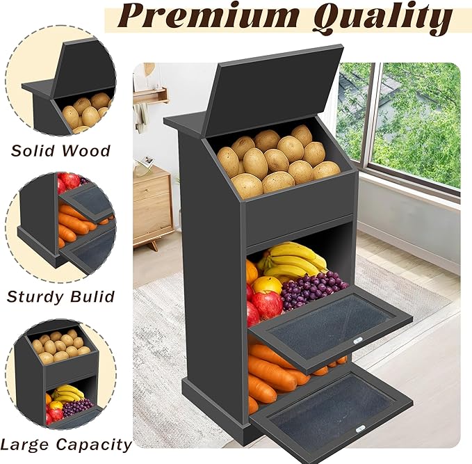 Potato Storage Bin, 3-Tier Potato and Onion Storage Bin with Lid, Wooden Bread Box for Fruit and Vegetable,Food Storage Containers for Kitchen Pantry (Black)