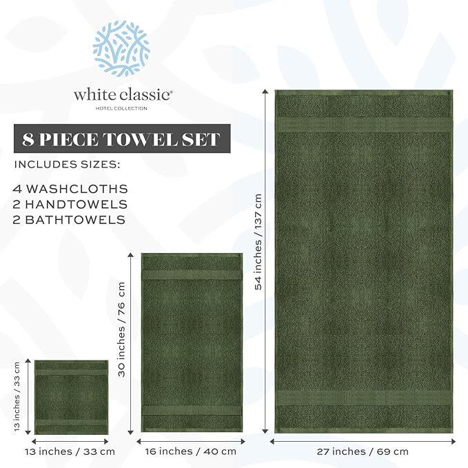 White Classic Luxury Bath Towel Set of 8 Pieces - 100% Turkish Cotton Highly Absorbent Towels for Bathroom, 2 Luxury Bath Towels 700GSM, 2 Hand Towels, 4 Washcloths, Sage Green
