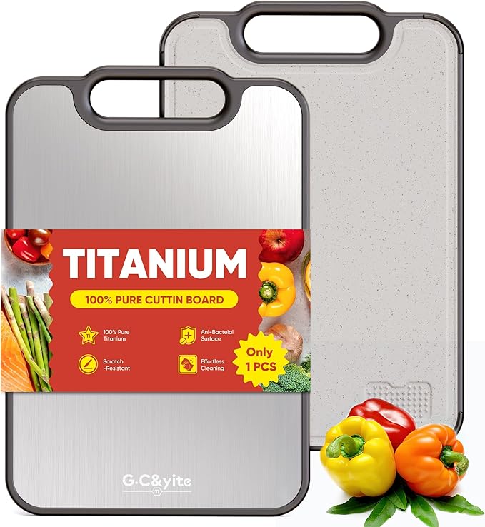 G.C&yite Titanium Cutting Board for kitchen, 2-in-1 Pure Titanium Chopping Board with Wheat Straw PP for Food Safety, Lightweight No Toxic, Kitchen Gifts 15.5" x 10.5", 1-Pcs (Gray)