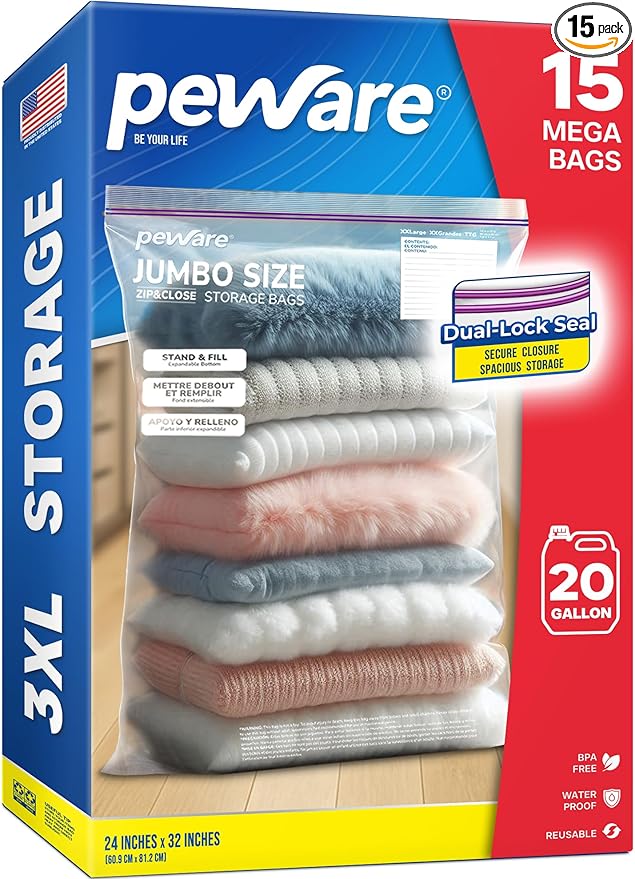 Jumbo 20 Gallon Size Zip Bags with Double Zippers, Clear Plastic Storage Bags for Household and Travel Use, Clothes and Toys, Large Assorted Sizes for Moving and Organization 24"x32" [15 COUNT]