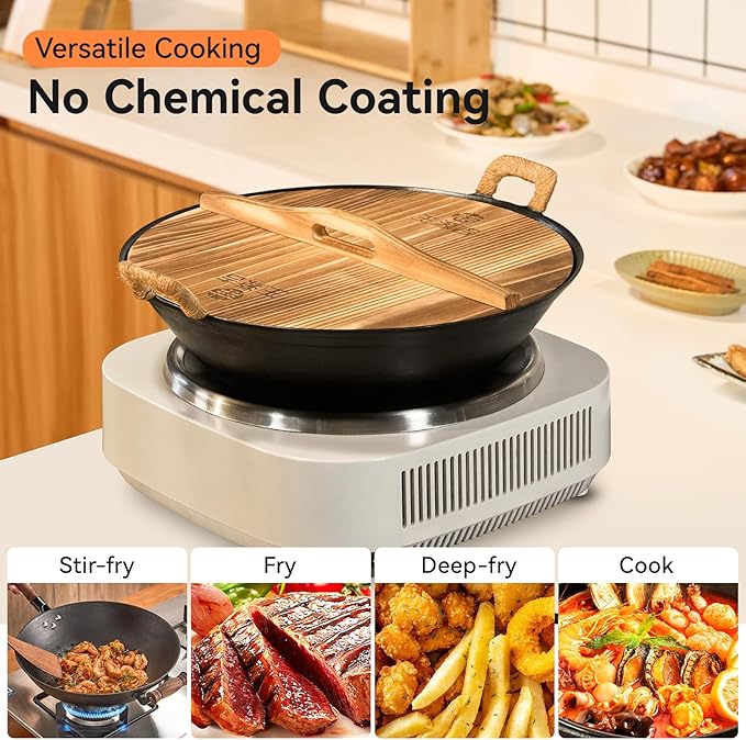 WANGYUANJI 14.2 Inch Cast Iron Wok with Wooden Lid and Stainless Steel Spatula, Flat Bottom Double-Handle Chinese Stir Fry Pan, Uncoated Cast Iron Wok for Induction, Gas and Electric Stoves