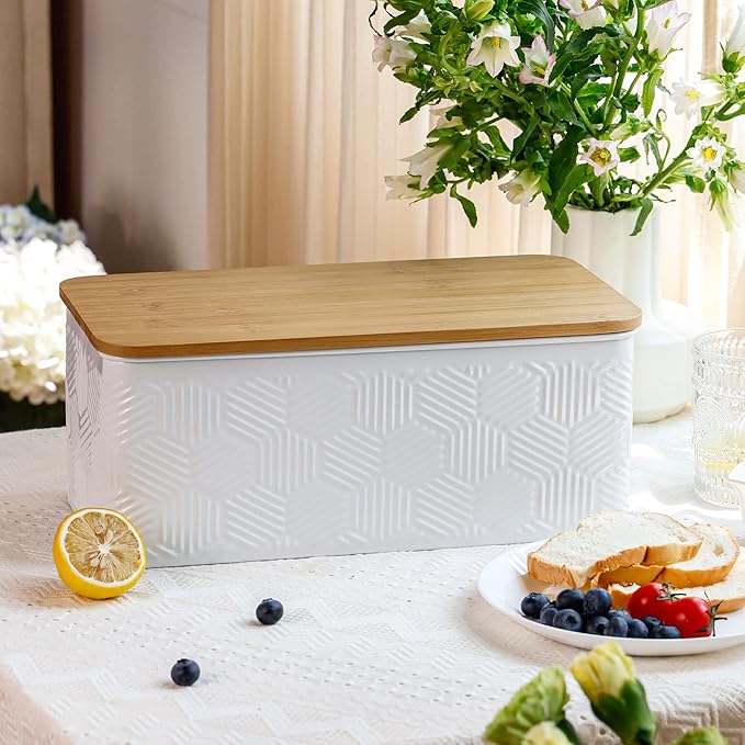 Large Bread Box for Kitchen Countertop Corner Breadbox for Homemade Bread Metal White Hexagon Stripe Pattern Embossed Bread Storage Container Bin with Bamboo Lid