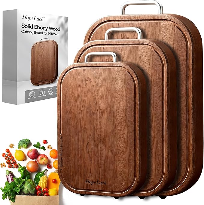 3Pack Wood Cutting Board, Solid Ebony Wooden Cutting Boards for Kitchen, Double-Sided Butcher Block with Juice Groove, Non-Slip Feet, 1" Thick Chopping Board for Meat And Vegetables