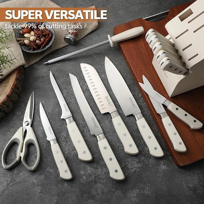 TIVOLI Knife Block Set, 15 PCS Kitchen Knife Set with Block & Sharpener Steel & Kitchen Scissor, High Carbon Stainless Steel Cutlery Knife Set, Ergonomic Wood Handle, Gifts For Cooks, Cream White