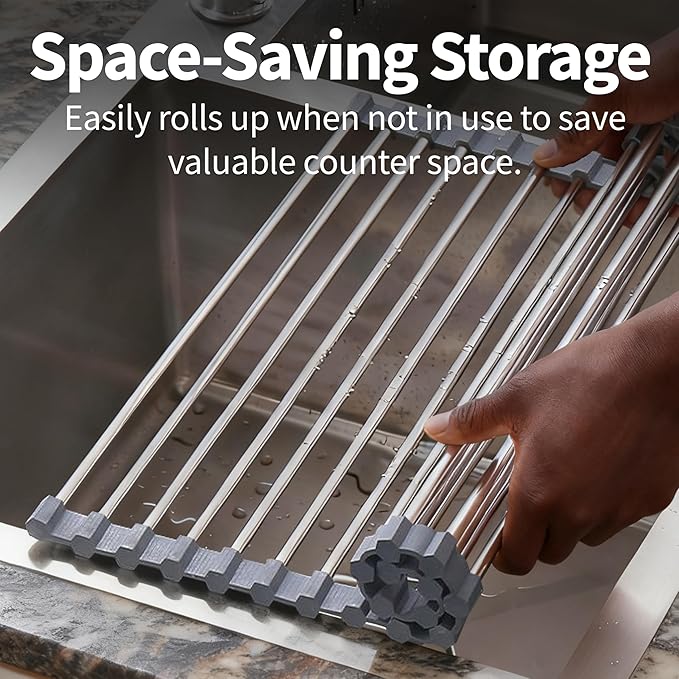 Roll Up Dish Drying Rack for Over Sink -17.5"x11.8" Foldable Stainless Steel Kitchen Drainer，Gray