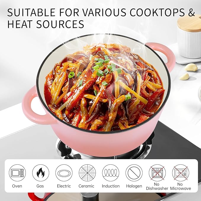 6 Quart Enameled Cast Iron Dutch Oven Pot with Lid, Oven Safe up to 500°F or on Stovetop, Non-stick Dutch Oven for Bread Baking, Cooking, Dual Handles Cookware, Pink