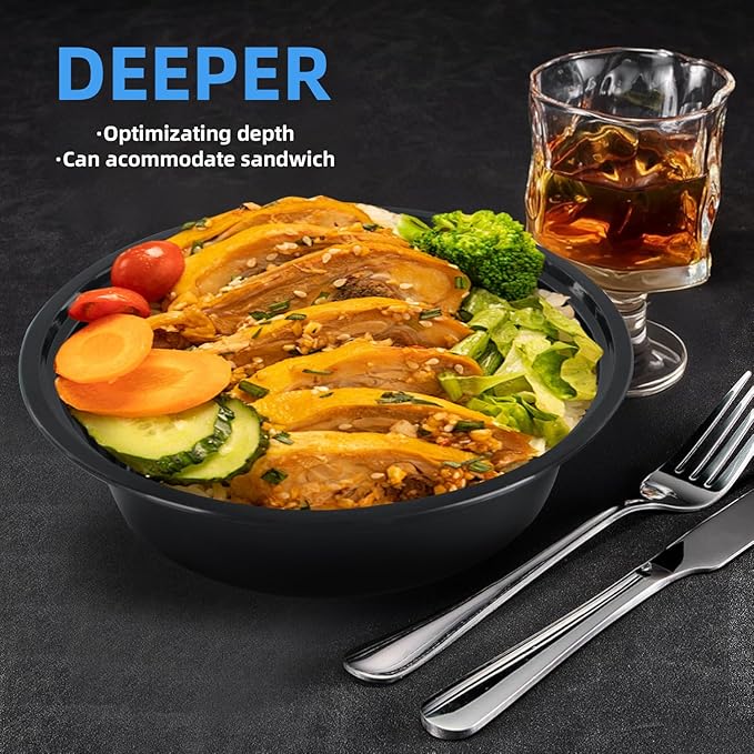 32oz Disposable meal prep containers with lids, 50 Pack (100-Piece) Black Round,Reusable take out food containers,BPA-Free,Stackable Bento Box,Lunch containers microwave Dishwasher safe
