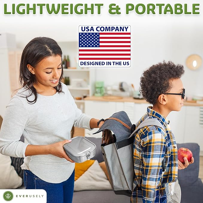 Everusely - Bento Box - Stainless Steel Lunch Box for Adults - 40 oz, 1.2 L - 3 Compartment Snack Container with Removable Silicone Seal + Secure Lock Clips - Non Plastic, Leakproof, Dishwasher Safe