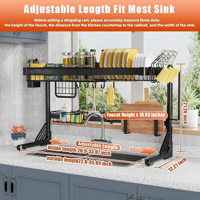 ZDRongZhen Over The Sink Dish Drying Rack,2 Tier Full 304 Stainless Steel Dish Drainer Rack,Adjustable Length (22.8''~35.04'') Kitchen Storage Counter with Cup Hanging Set and Hooks (Black-2Tier)