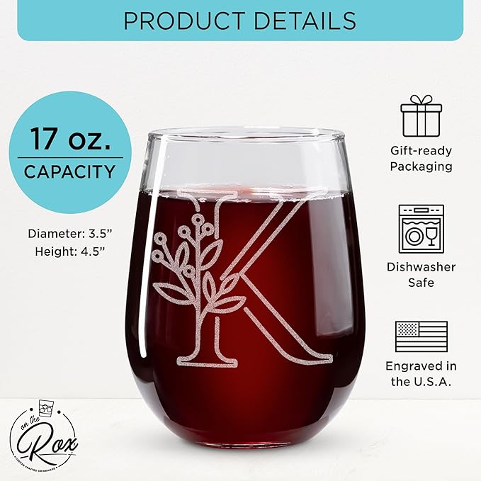 On The Rox Drinks Monogrammed Gifts For Women and Men - Letter A-Z Initial Engraved Monogram Stemless Wine Glass - 17 Oz Personalized Wine Gifts For Women and Men (K)
