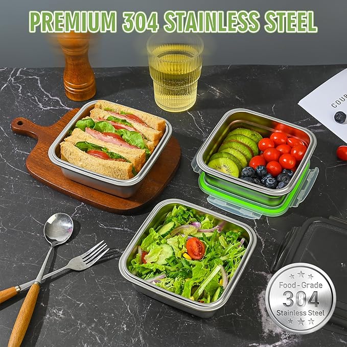 3 Pack Sandwich Containers, 24oz Stainless Steel Sandwich Box with Airtight Lids, BPA-Free, Dishwasher Safe, Durable & Reusable Metal Meal Prep Lunch Boxes for Fruits, Snacks, Bento (Green)