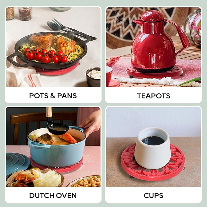 JOGREFUL Cast Iron Trivet Mats, Kitchen Pot Holders to Portect Table/Countertops, Heat Resistant Mats for Teapot/Hot Dishers/Plates, Vintage Mats with Weighted-Base, Mistletoe Pattern, Red