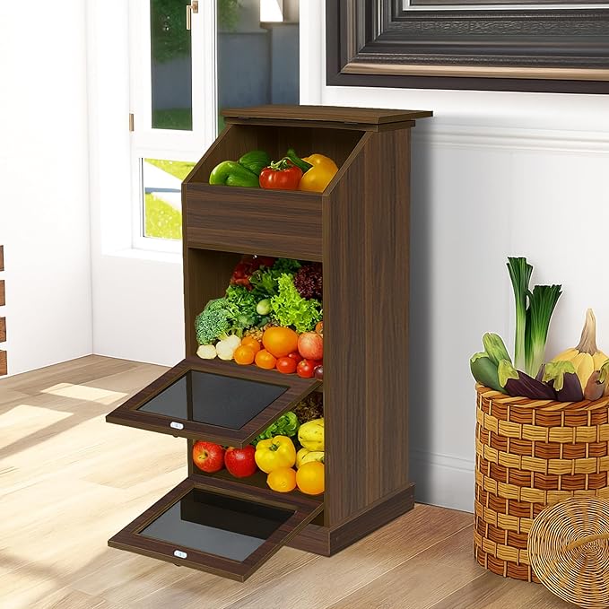 Potato Storage Bin, 3-Tier Potato and Onion Storage Bin with Lid, Wooden Bread Box for Fruit and Vegetable,Food Storage Containers for Kitchen Pantry (Walnut)