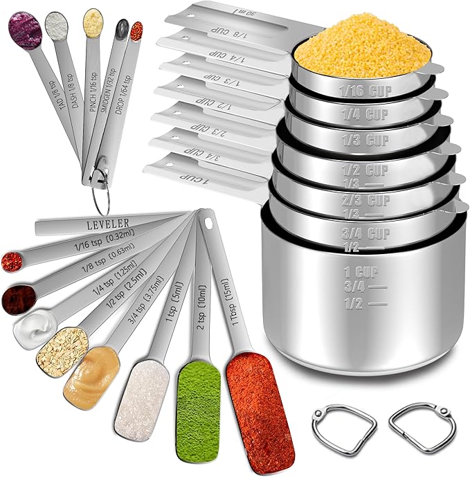 Measuring Cups and Spoons Set of 21, 7 Stainless Steel Nesting Measuring Cups, 8 Measuring Spoons & 1 Leveler, 5 Mini Spoons, Kitchen Gadgets for Cooking & Baking, Square