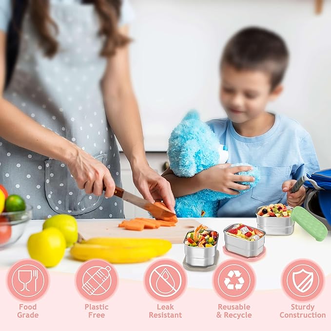 Homikit 3 Pack Snack Containers for Kids, 18/10 Stainless Steel Toddler Lunch Box with Silicone Lids, Reusable Bento Food Container Set for School Daycare, Nontoxic & Leak Proof, Pink/Green/Khaki