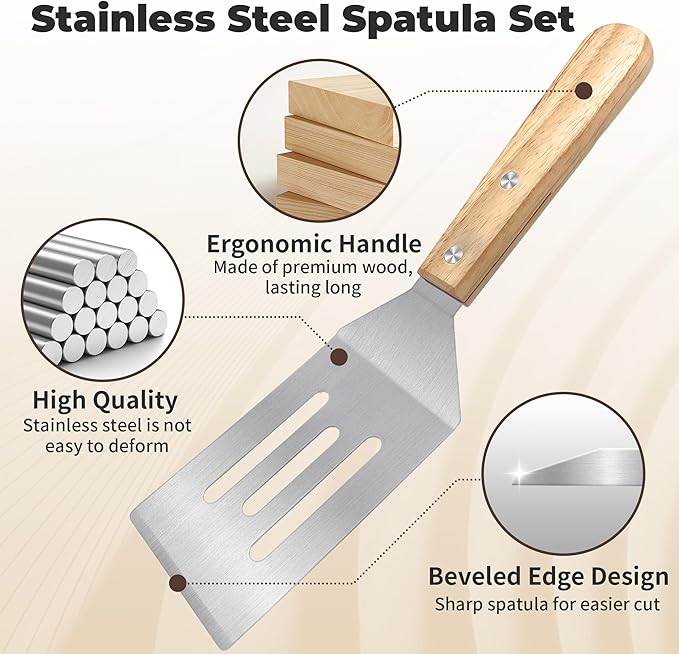 3 Pieces Stainless Steel Spatula Set,Metal Spatula for Cast Iron Skillet,Metal Spatula for Cooking with Wooden Handle,Metal Spatulas for kitchen use for Pancakes,Frying steak,Burger and Desserts