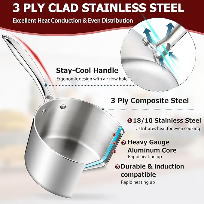 Homikit 2pcs Saucepans with Lid, 1QT & 2QT Tri-Ply Stainless Steel Sauce Pan Set, Heavy Duty Small Kitchen Pots for Cooking, Warming Milk, Boiling Eggs, Dishwasher Safe & Induction Compatible