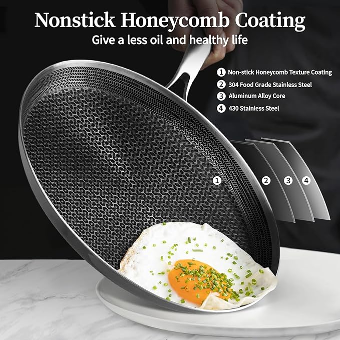 Innerwell Stainless Steel Crepe Pan - 11inch Nonstick Crepe Pan, Stainless Steel Honeycomb Coating Pancake Pan, Non Stick Flat Skillet Tawa Dosa Tortilla Griddle Pan, Induction Compatible, PFOA Free