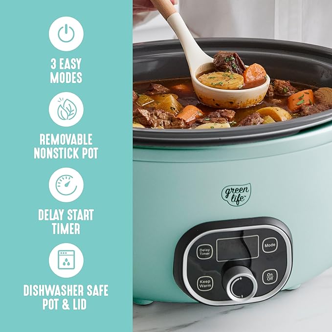 GreenLife 8QT Slow Cooker, Non-Toxic PFAS-Free Ceramic Nonstick Removable Interior Bowl, Programmable, Family Friendly, Keep Warm, Stovetop & Oven Safe, Dishwasher Safe Crock, Glass Lid, Turquoise