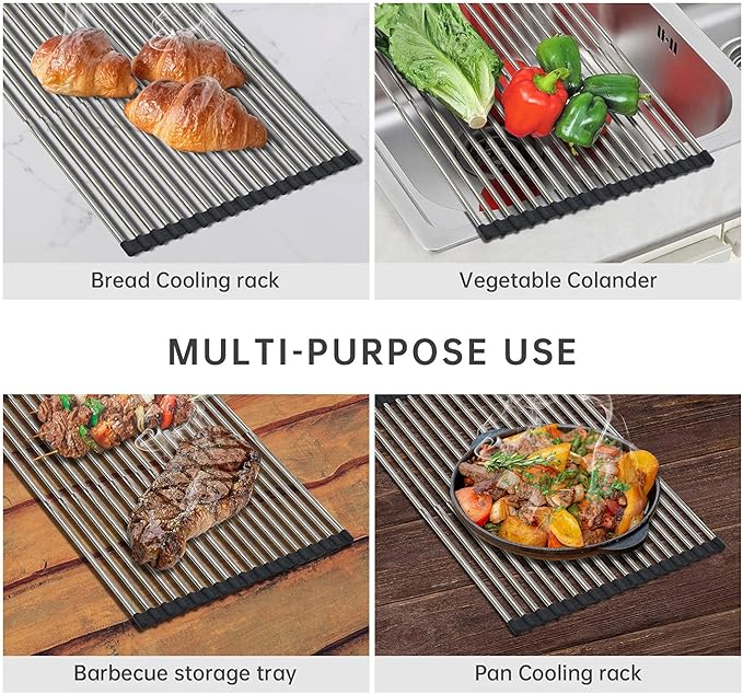 Expandable Large Roll Up Dish Drying Rack 18 Tube 21.25x12.79''Collapsible Over The Sink Rack Non-Slip Silicone Rolling Dish Drainer Stainless Steel Roll Rack for Kitchen Sink Counter