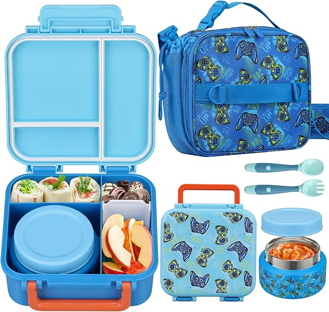 Kids Lunch Box Set with Bento Box, 9oz Stainless Steel Thermos & Insulated Lunch Bag – Hot & Cold Leakproof Lunch Container with Utensils for School & Travel, Blue Set